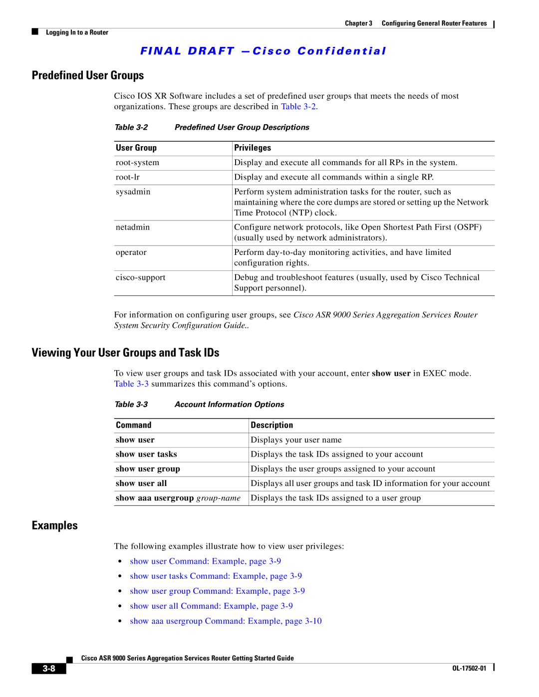 Cisco Systems A9KMOD80TR, ASR 9000 Predefined User Groups, Viewing Your User Groups and Task IDs, User Group Privileges 