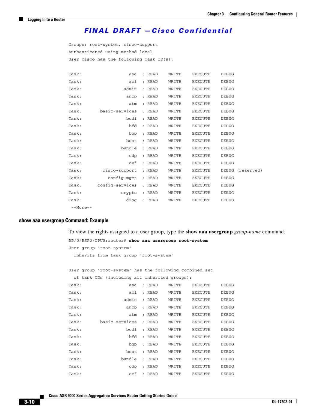 Cisco Systems A9K24X10GETR, ASR 9000, A9KMOD80TR manual Show aaa usergroup Command Example, Aaa usergroup root-system 