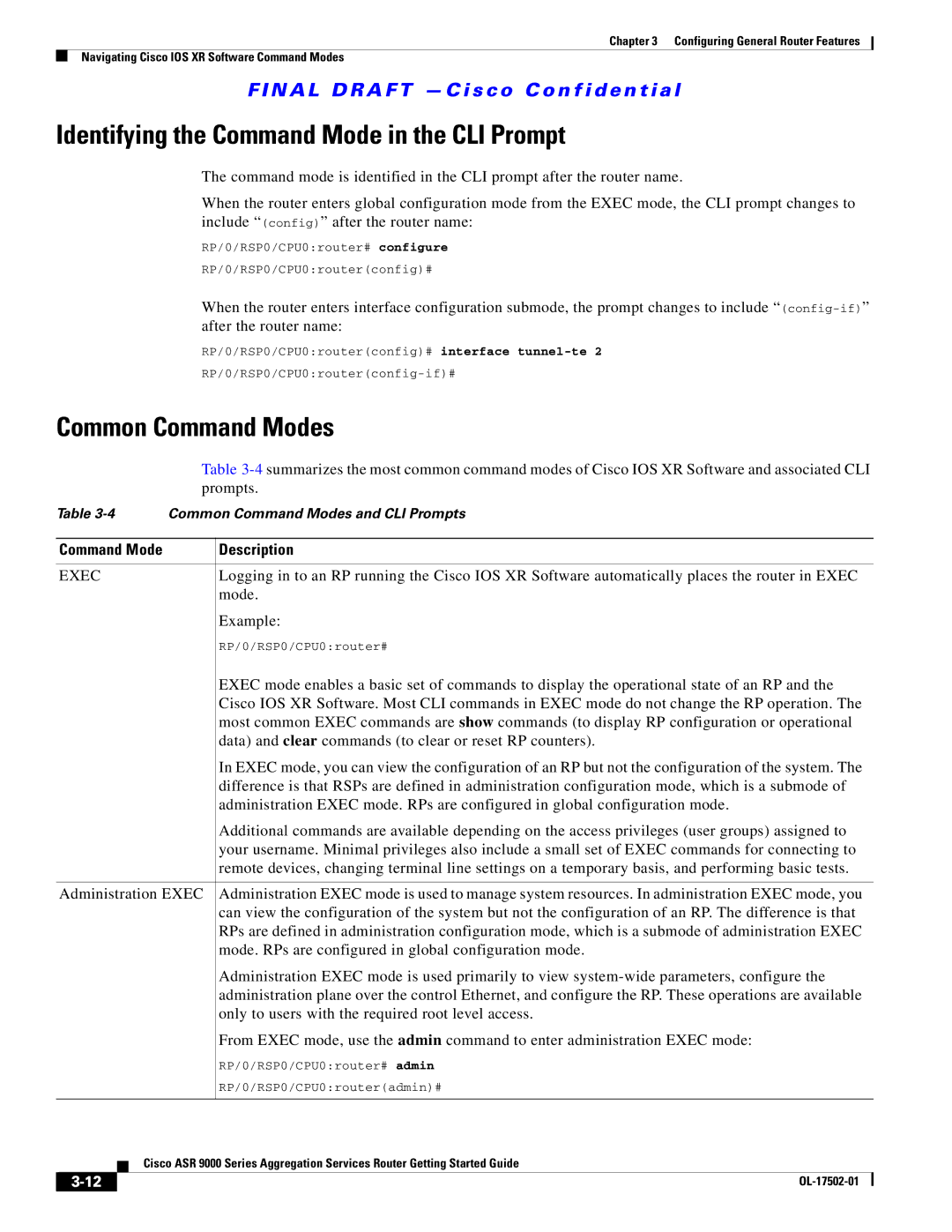 Cisco Systems ASR 9000 Identifying the Command Mode in the CLI Prompt, Common Command Modes, Command Mode Description 