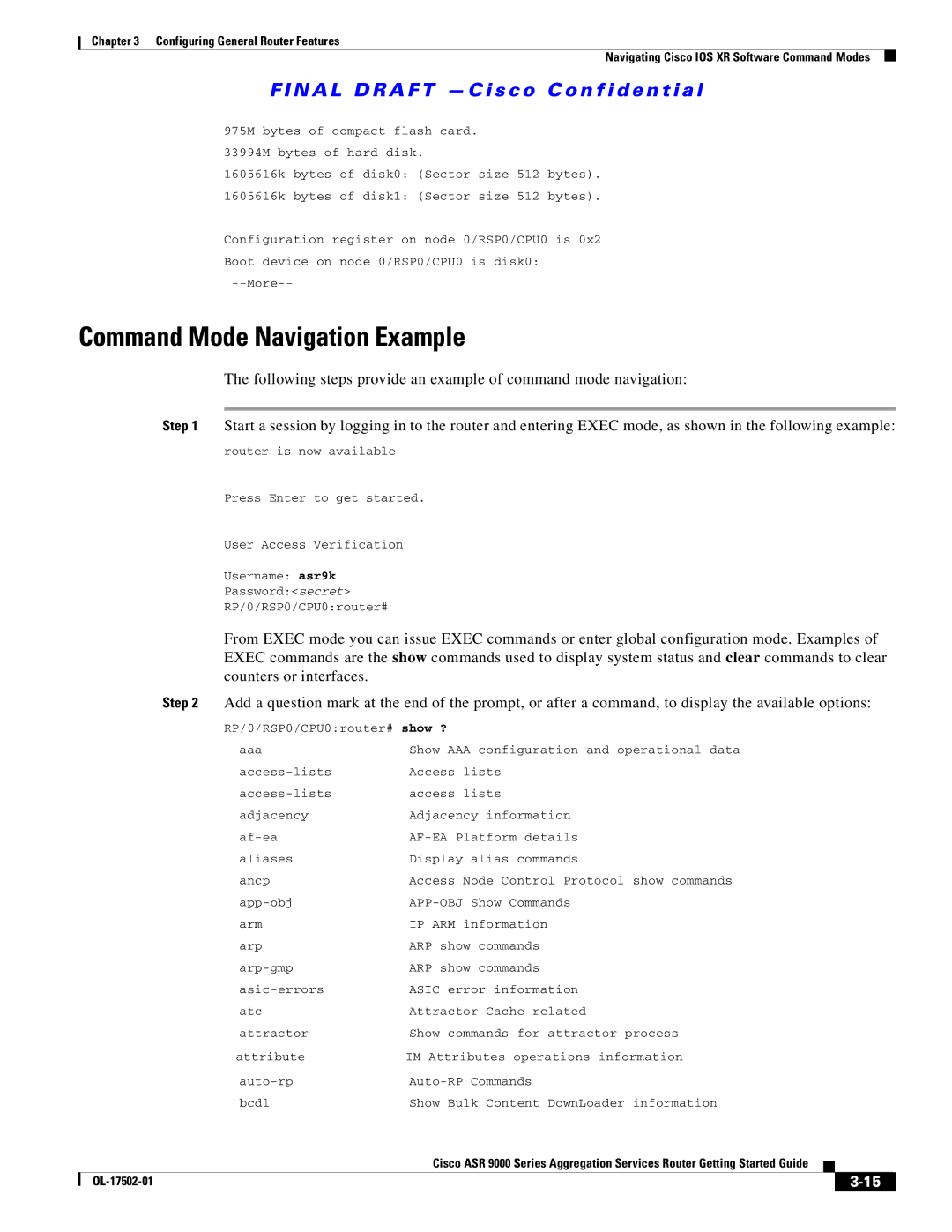 Cisco Systems ASR 9000, A9K24X10GETR, A9KMOD80TR manual Command Mode Navigation Example 