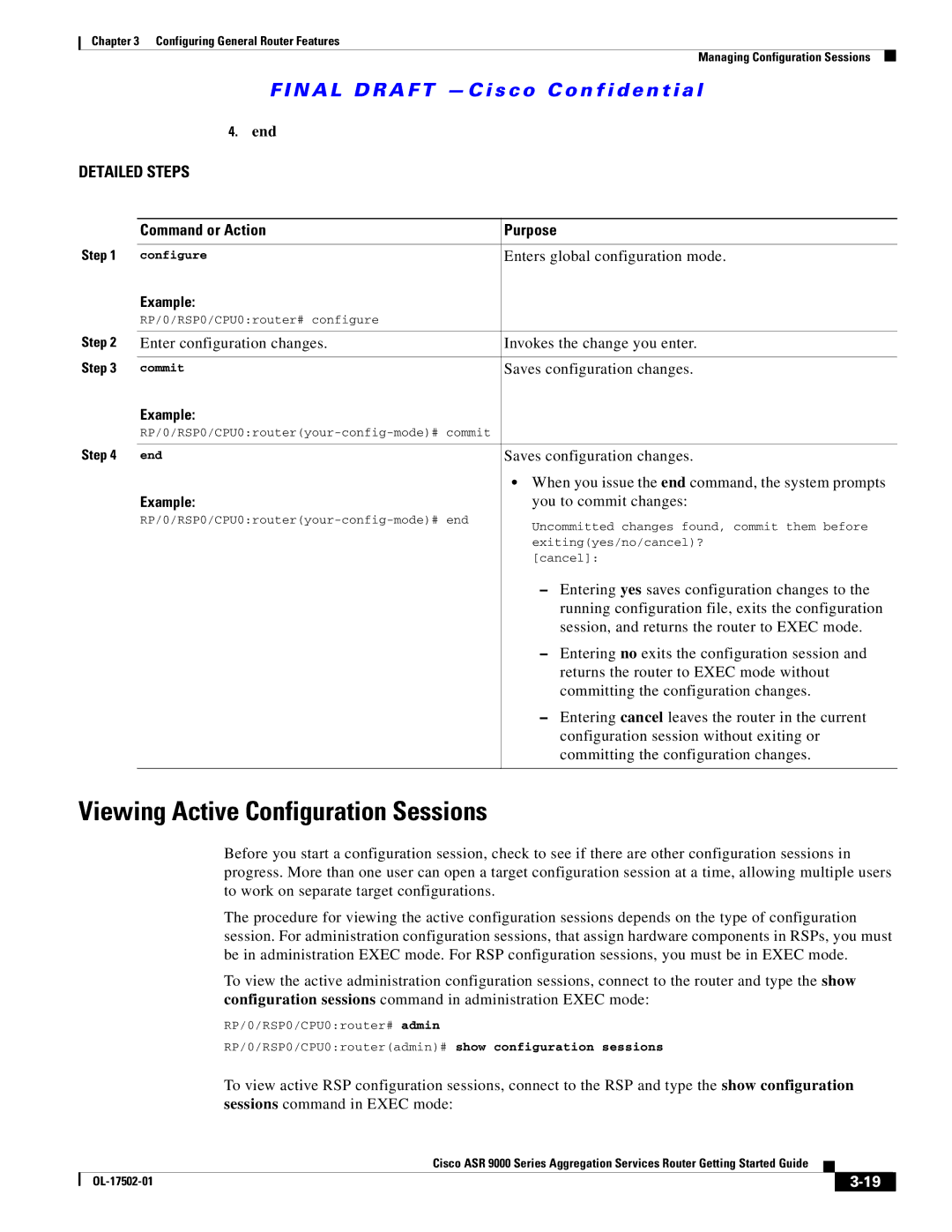 Cisco Systems A9K24X10GETR, ASR 9000, A9KMOD80TR manual Viewing Active Configuration Sessions, End 