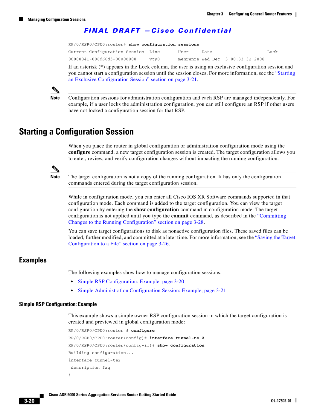 Cisco Systems A9KMOD80TR, ASR 9000 manual Starting a Configuration Session, Simple RSP Configuration Example, Sessions 