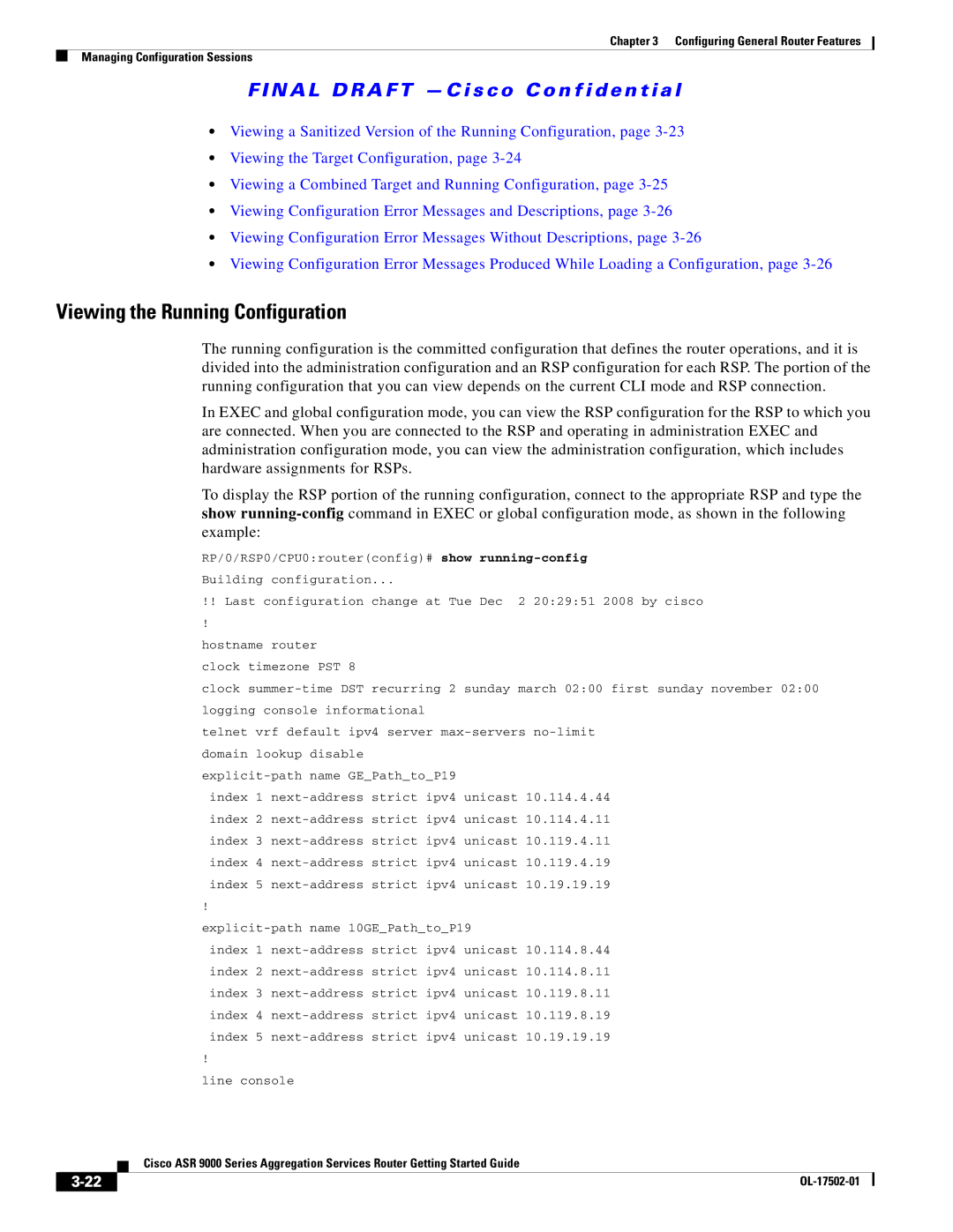 Cisco Systems A9K24X10GETR, ASR 9000, A9KMOD80TR manual Viewing the Running Configuration, Explicit-path name 10GEPathtoP19 