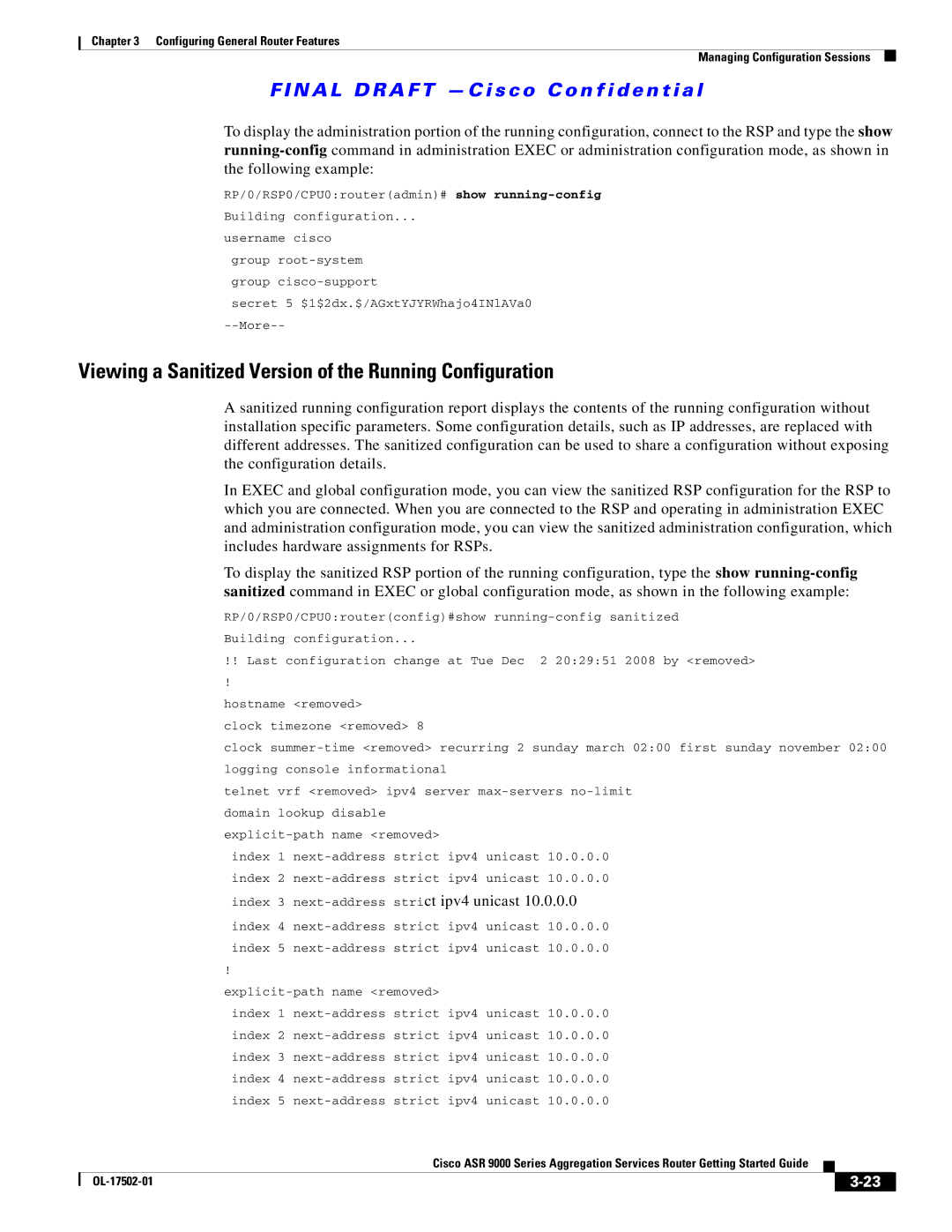 Cisco Systems A9KMOD80TR, ASR 9000, A9K24X10GETR manual Viewing a Sanitized Version of the Running Configuration 