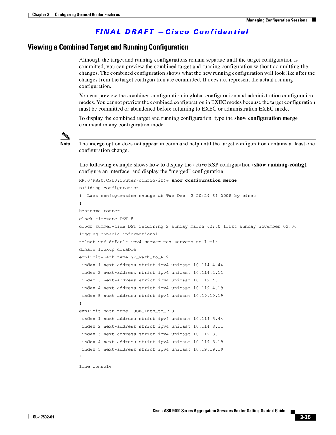 Cisco Systems A9K24X10GETR, ASR 9000, A9KMOD80TR manual Viewing a Combined Target and Running Configuration 