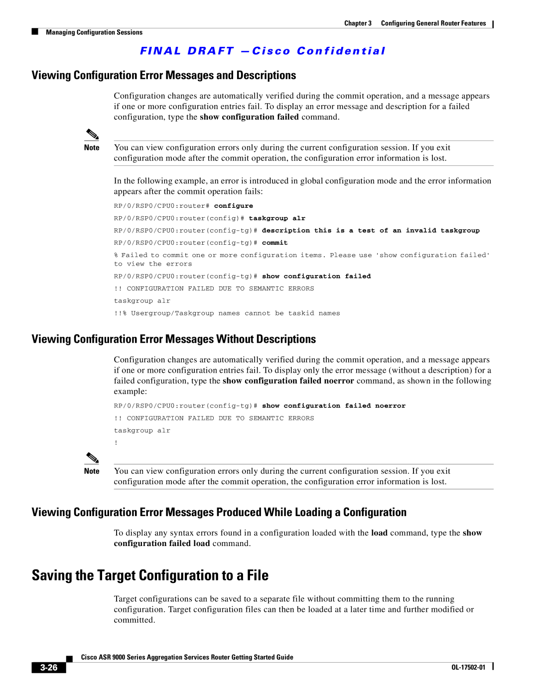 Cisco Systems A9KMOD80TR Saving the Target Configuration to a File, Viewing Configuration Error Messages and Descriptions 