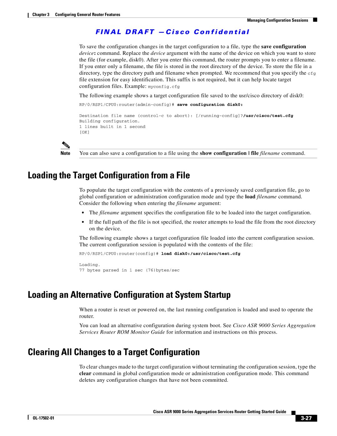 Cisco Systems ASR 9000 manual Loading the Target Configuration from a File, Clearing All Changes to a Target Configuration 