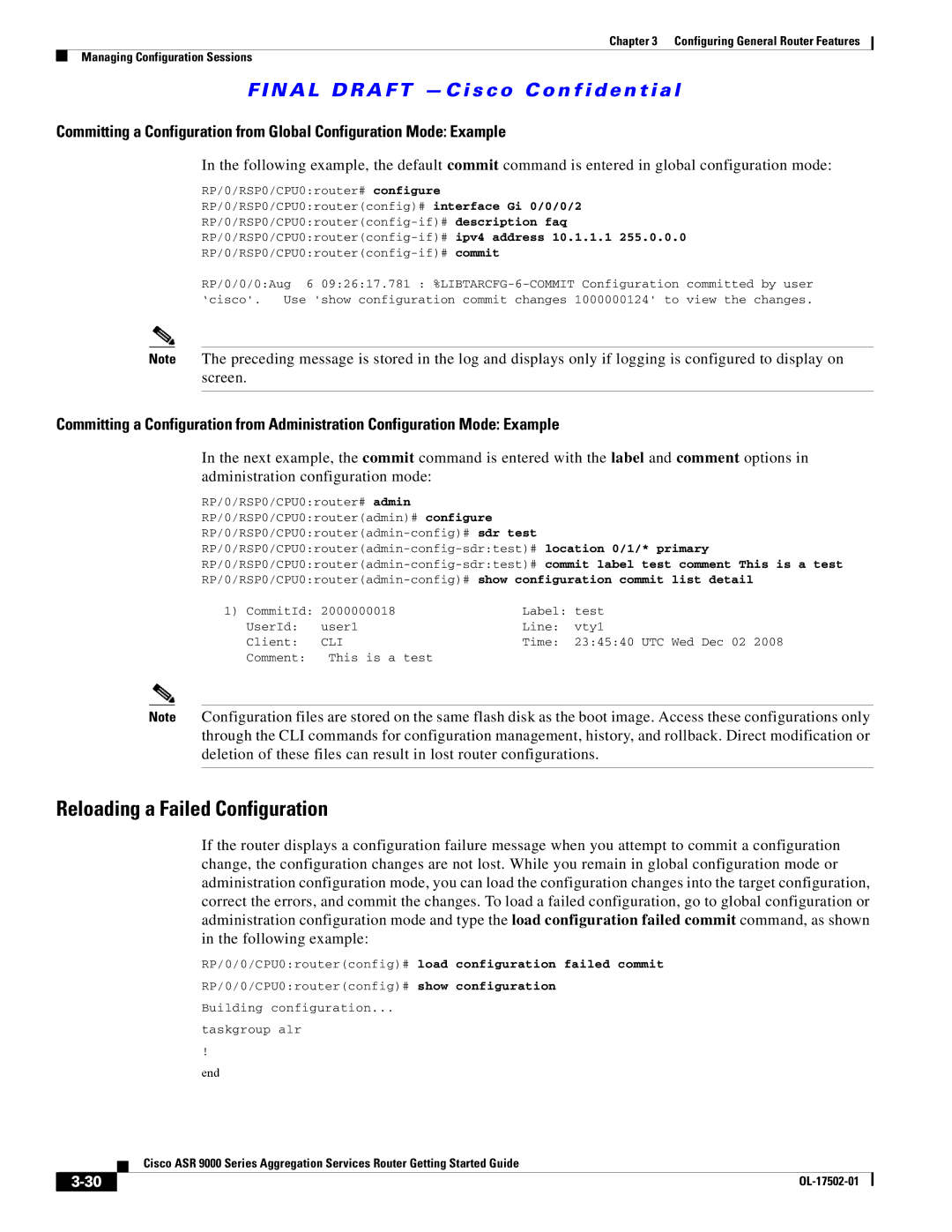 Cisco Systems ASR 9000 manual Reloading a Failed Configuration, RP/0/0/CPU0routerconfig# load configuration failed commit 