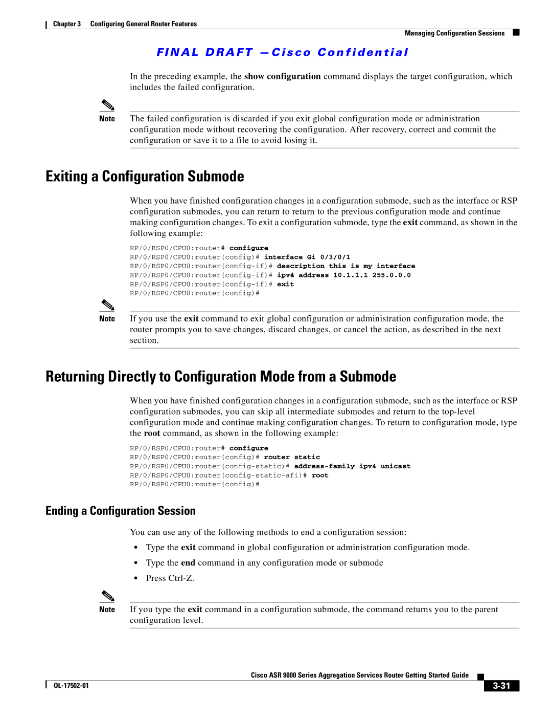 Cisco Systems A9K24X10GETR manual Exiting a Configuration Submode, Returning Directly to Configuration Mode from a Submode 