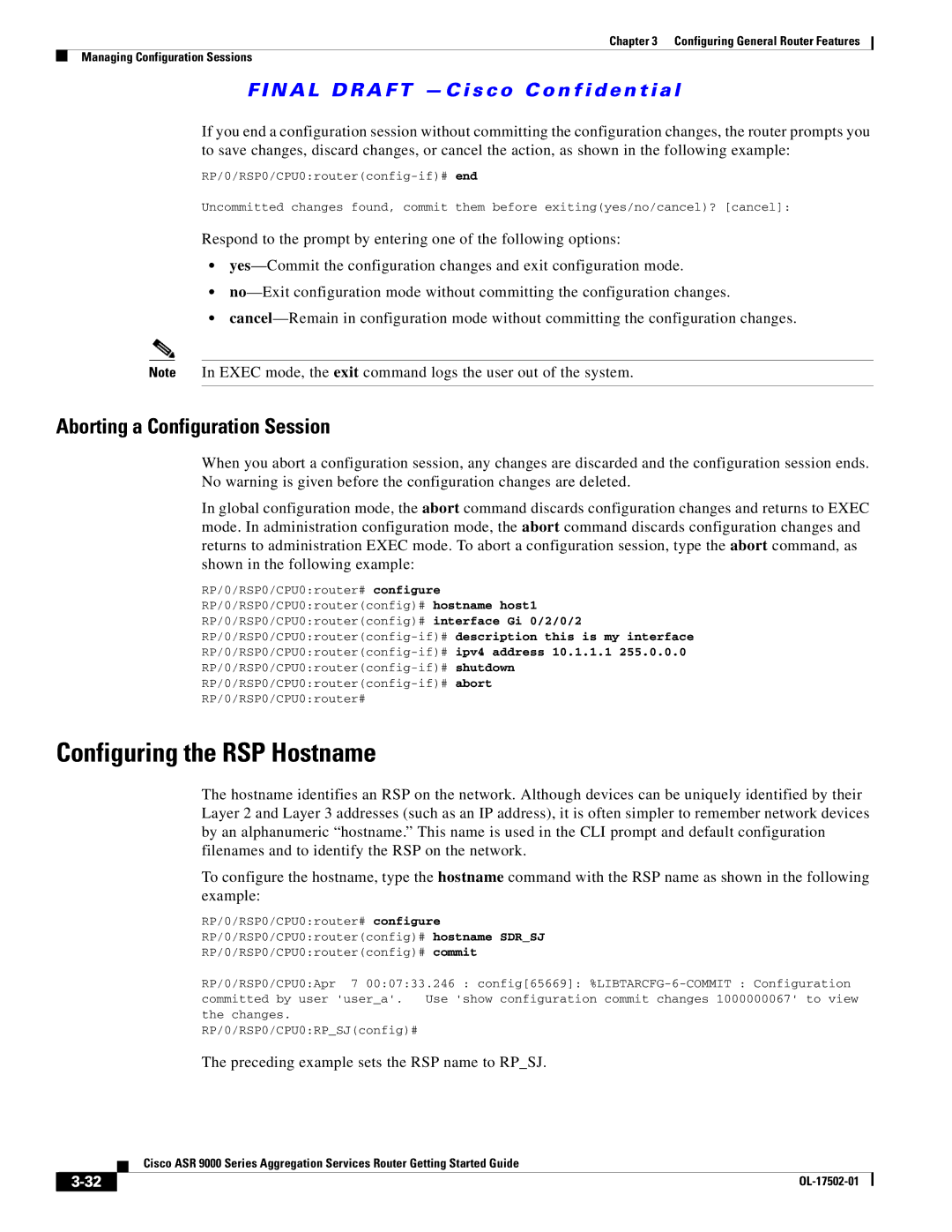 Cisco Systems A9KMOD80TR, ASR 9000, A9K24X10GETR manual Configuring the RSP Hostname, Aborting a Configuration Session 