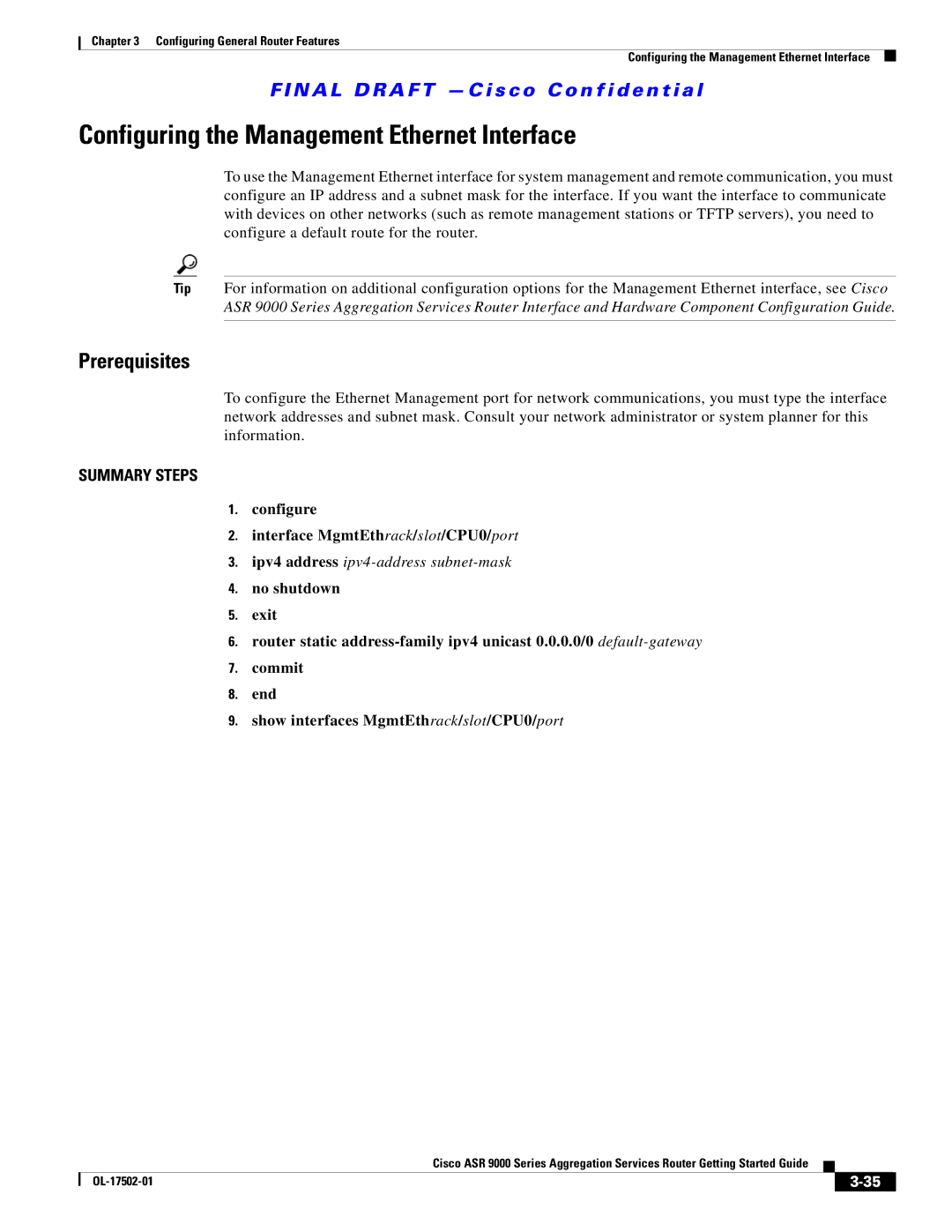 Cisco Systems A9KMOD80TR, ASR 9000, A9K24X10GETR manual Configuring the Management Ethernet Interface, Prerequisites 