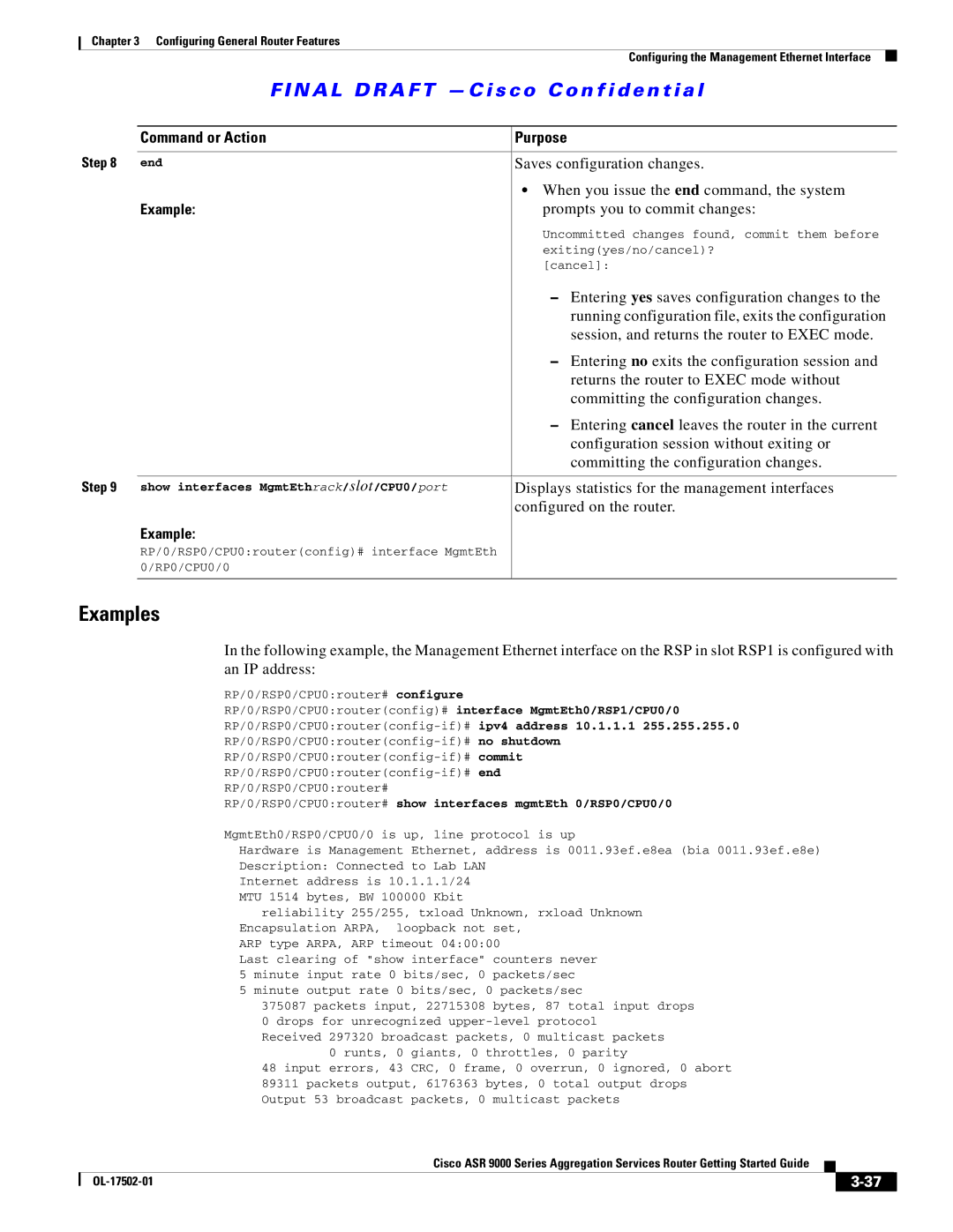 Cisco Systems A9K24X10GETR, ASR 9000, A9KMOD80TR When you issue the end command, the system, Prompts you to commit changes 