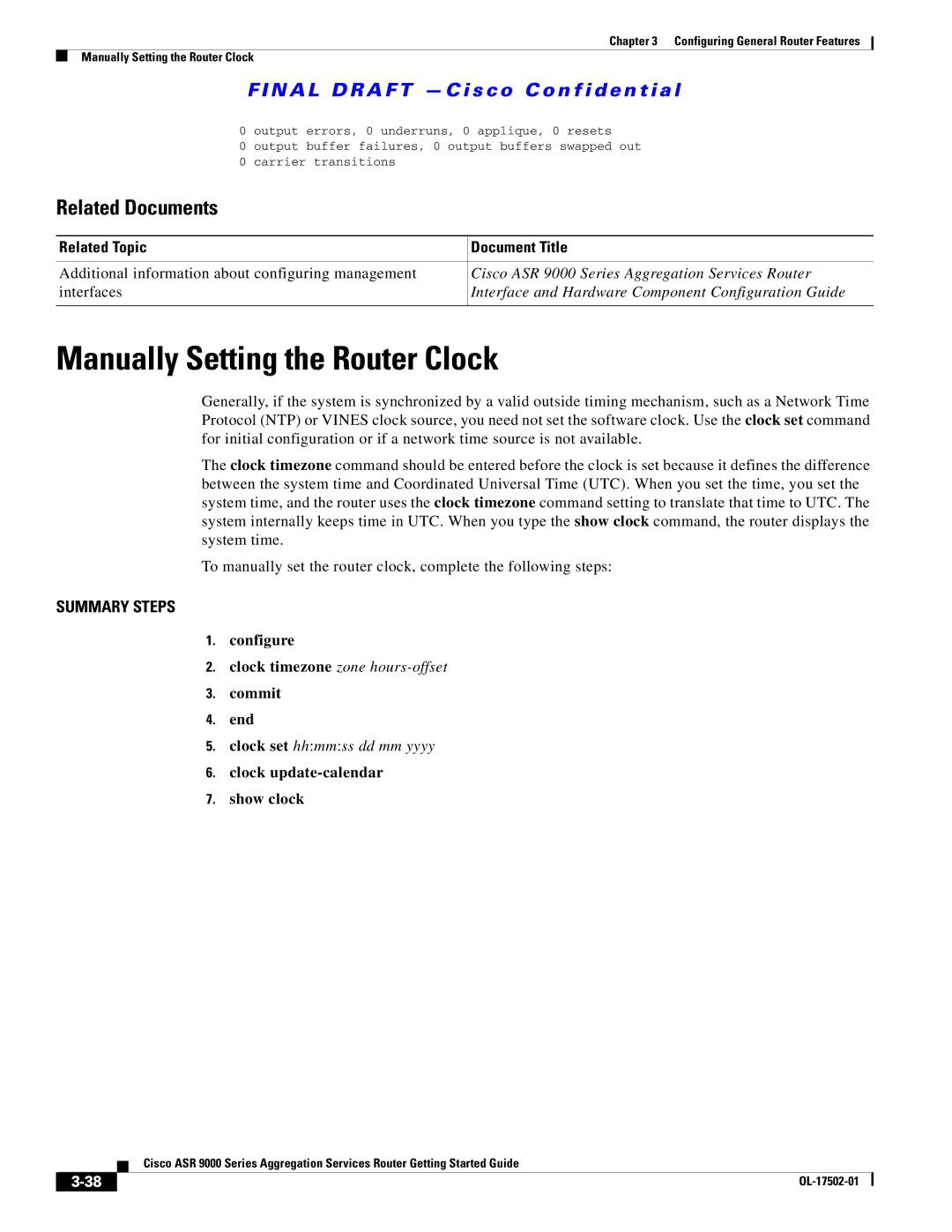 Cisco Systems A9KMOD80TR Manually Setting the Router Clock, Related Documents, Related Topic Document Title, Commit End 