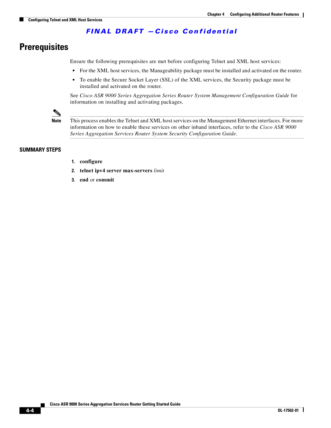 Cisco Systems A9KMOD80TR, ASR 9000 manual Prerequisites, Configure Telnet ipv4 server max-servers limit End or commit 