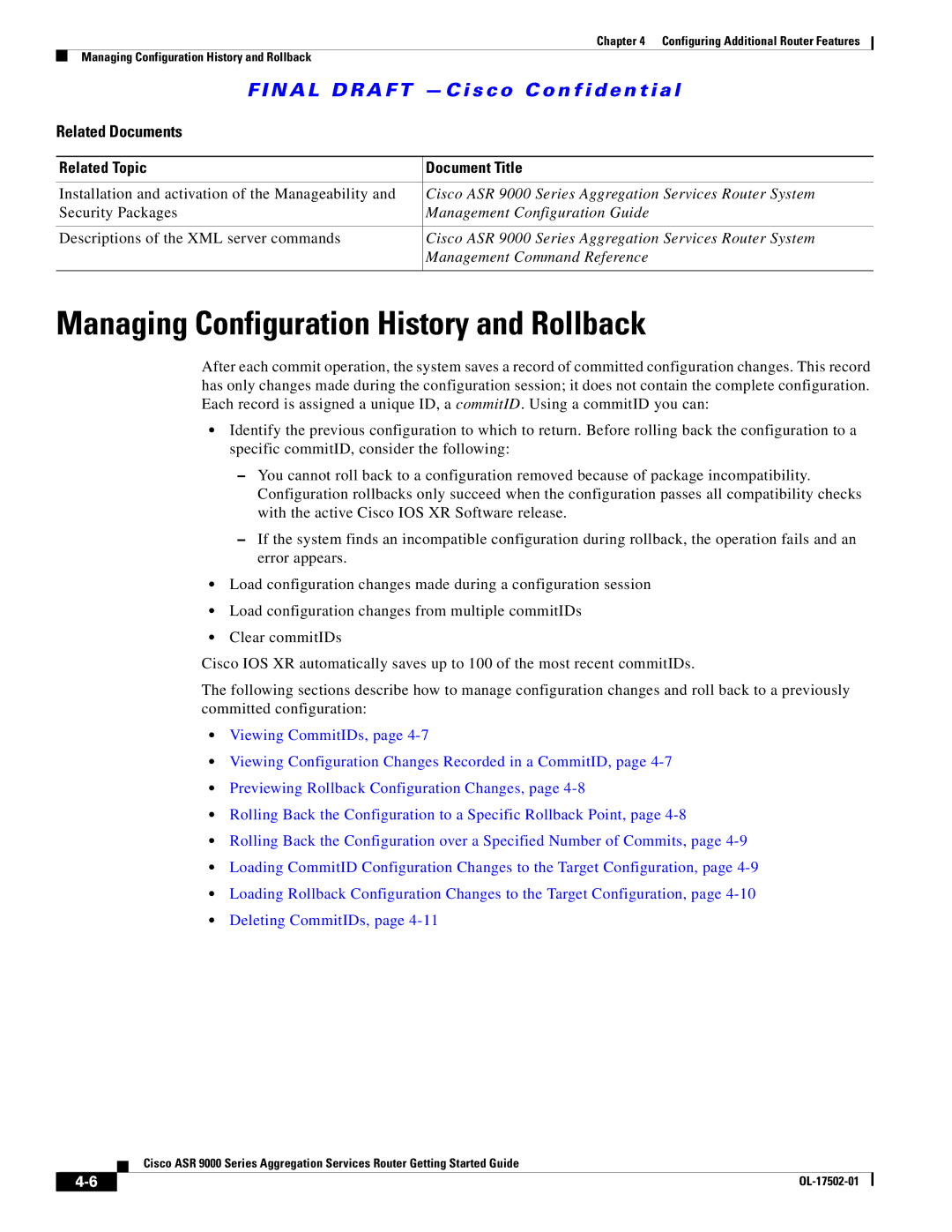 Cisco Systems A9K24X10GETR, ASR 9000 Managing Configuration History and Rollback, Related Documents, Security Packages 