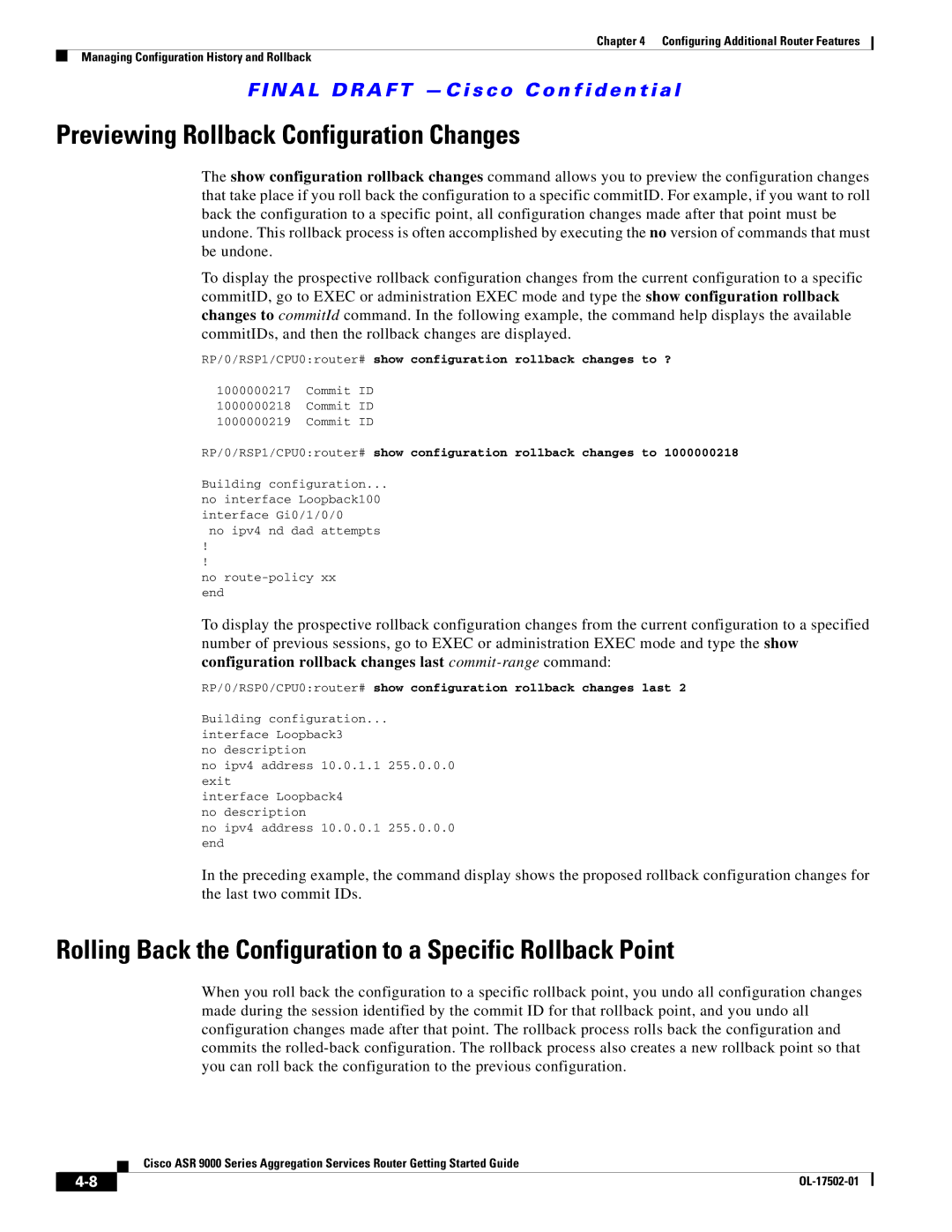 Cisco Systems ASR 9000, A9K24X10GETR, A9KMOD80TR manual Previewing Rollback Configuration Changes 