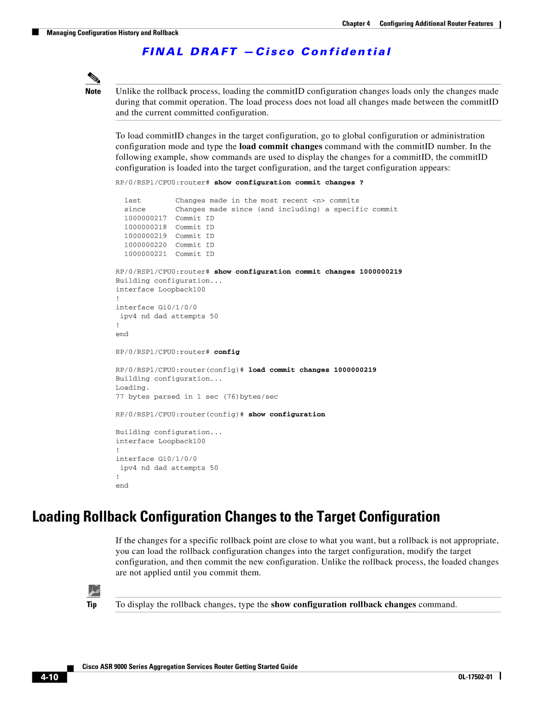 Cisco Systems A9KMOD80TR, ASR 9000, A9K24X10GETR manual RP/0/RSP1/CPU0router# show configuration commit changes ? 