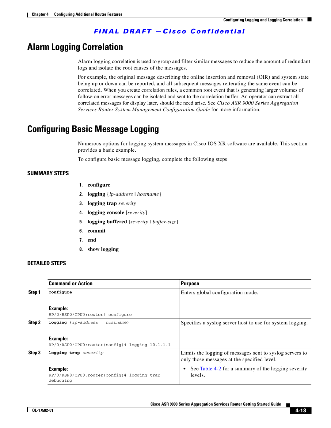 Cisco Systems A9KMOD80TR, ASR 9000 Alarm Logging Correlation, Configuring Basic Message Logging, Commit End Show logging 