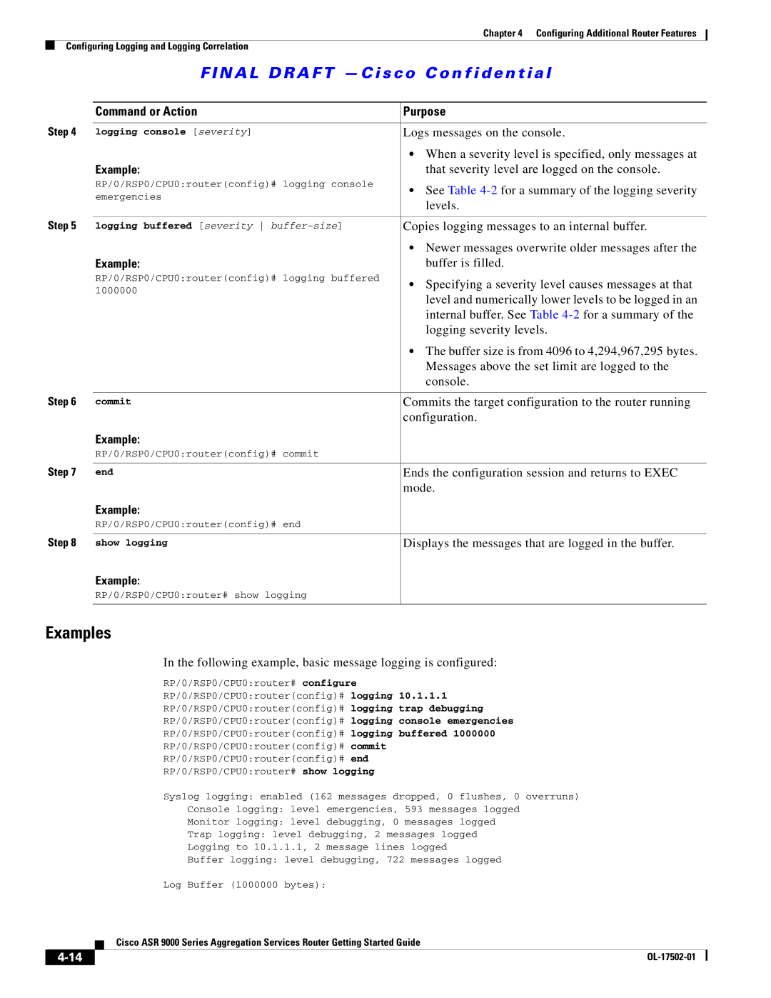 Cisco Systems ASR 9000, A9K24X10GETR Logs messages on the console, When a severity level is specified, only messages at 