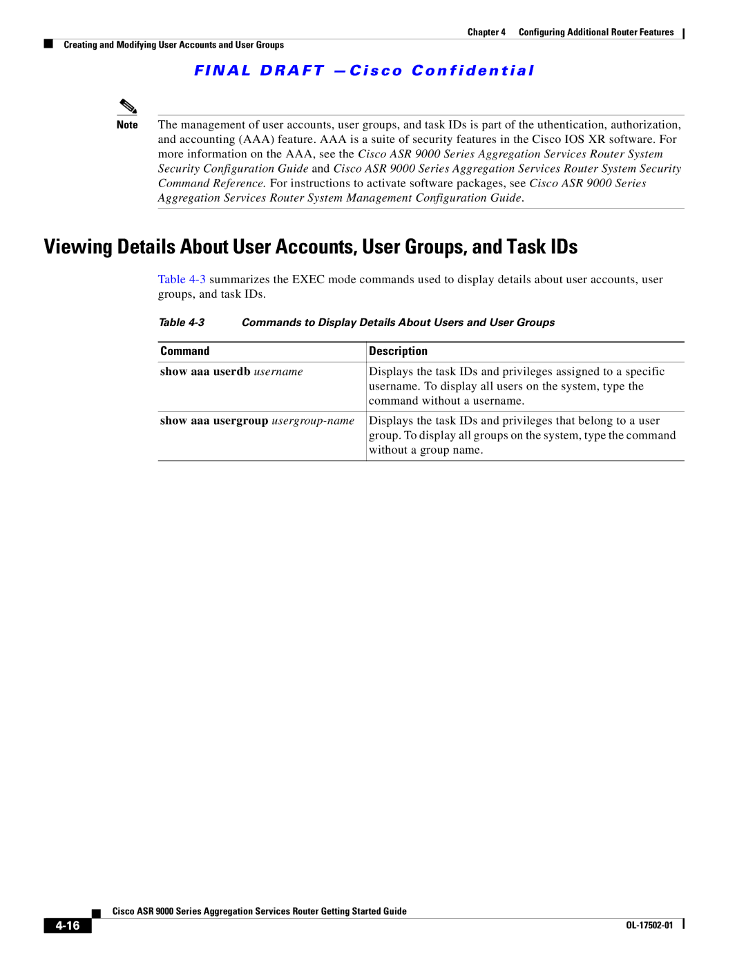 Cisco Systems A9KMOD80TR, ASR 9000, A9K24X10GETR manual Show aaa userdb username 