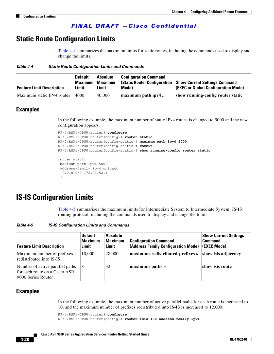 Cisco Systems ASR 9000, A9K24X10GETR, A9KMOD80TR manual Static Route Configuration Limits, IS-IS Configuration Limits 