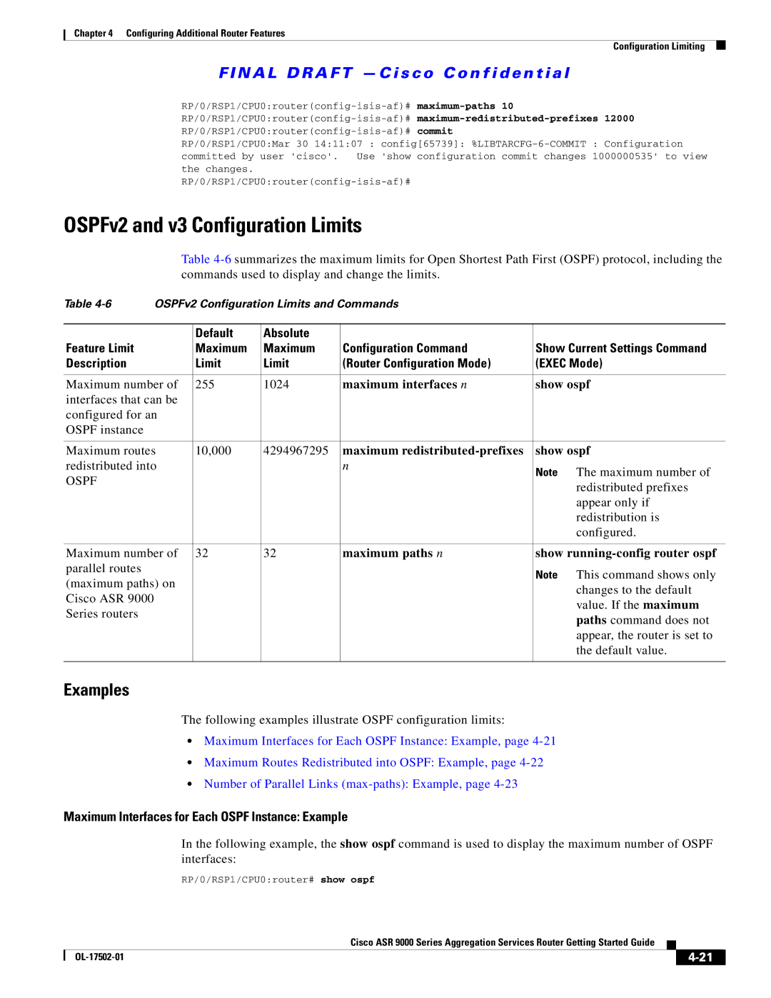 Cisco Systems A9K24X10GETR, ASR 9000 OSPFv2 and v3 Configuration Limits, Maximum Interfaces for Each Ospf Instance Example 