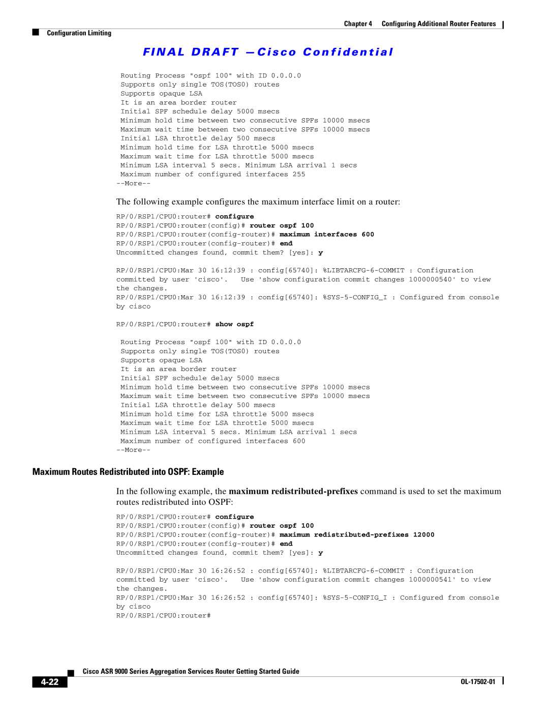 Cisco Systems A9KMOD80TR, ASR 9000, A9K24X10GETR manual Maximum Routes Redistributed into Ospf Example 