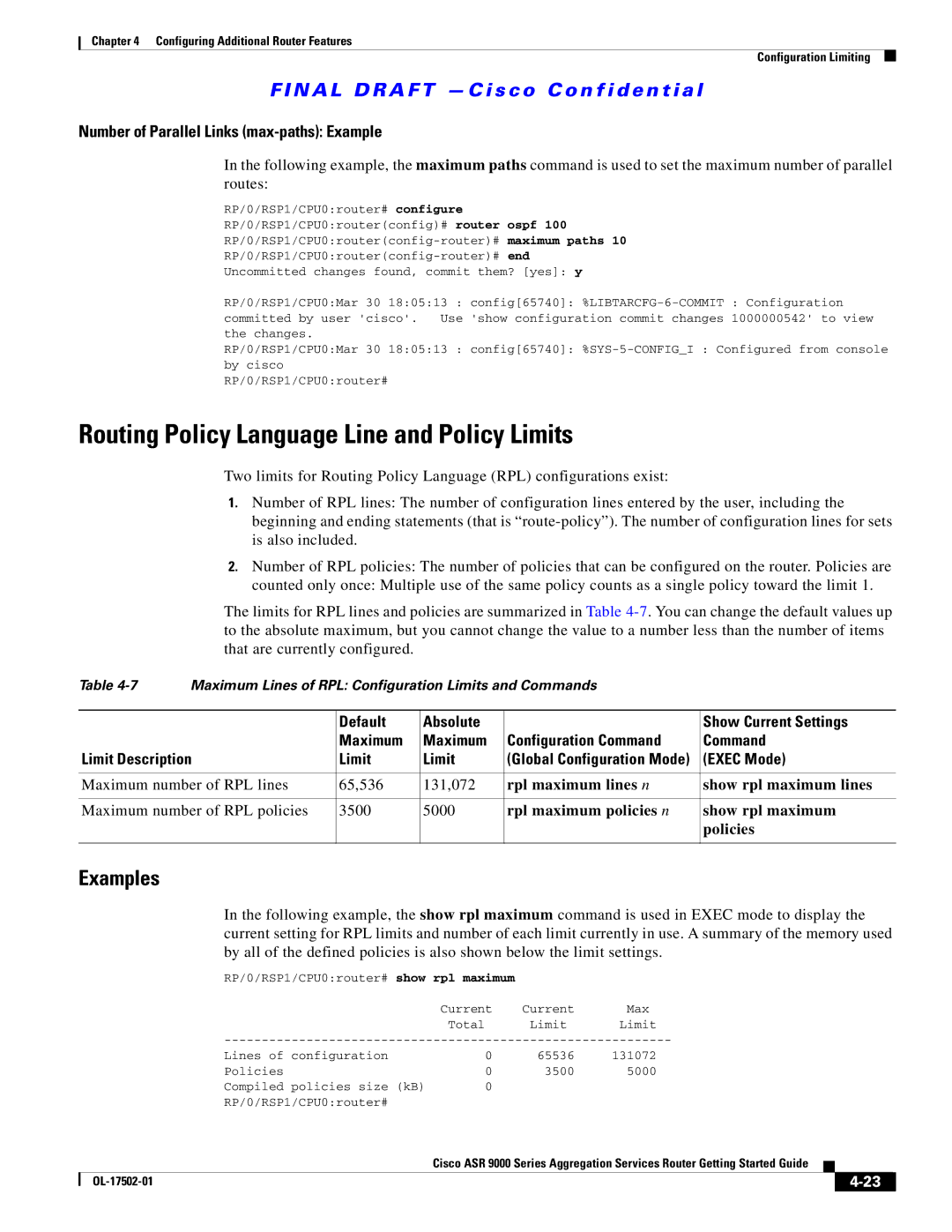 Cisco Systems ASR 9000 manual Routing Policy Language Line and Policy Limits, Number of Parallel Links max-paths Example 