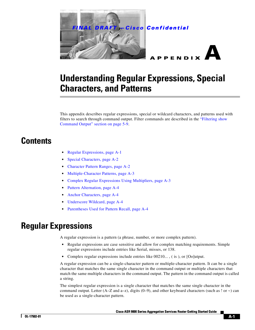 Cisco Systems A9KMOD80TR Understanding Regular Expressions, Special Characters, and Patterns, A P P E N D I X A, Contents 