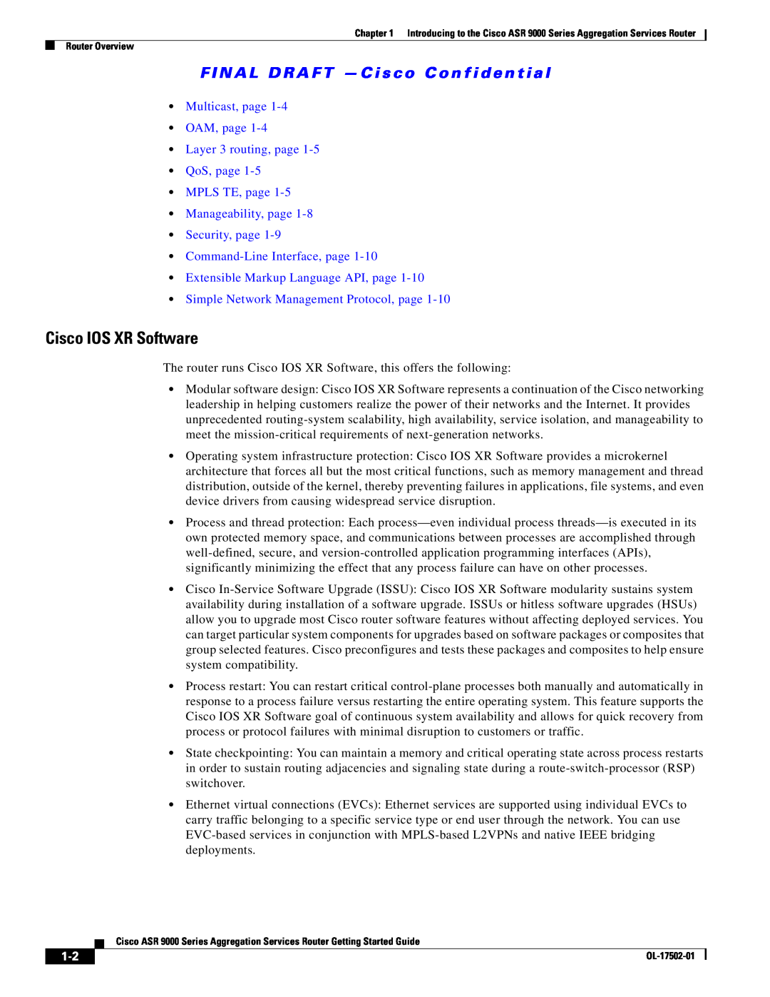 Cisco Systems A9K24X10GETR, ASR 9000 manual Cisco IOS XR Software, Multicast, page OAM, page Layer 3 routing, page QoS, page 