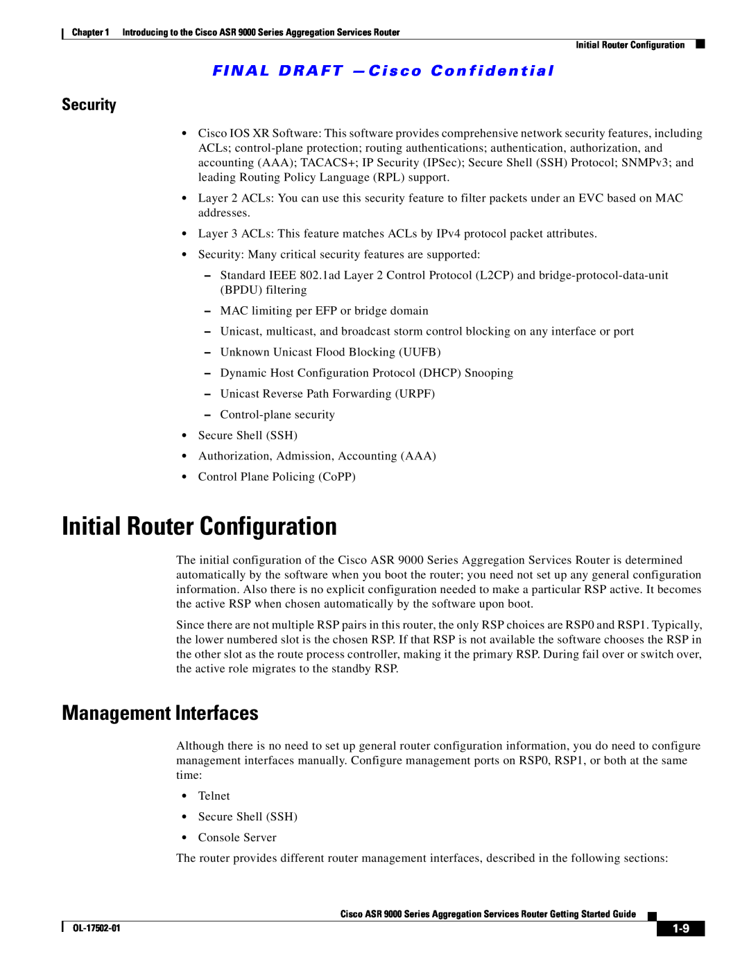 Cisco Systems A9KMOD80TR, ASR 9000, A9K24X10GETR manual Initial Router Configuration, Management Interfaces, Security 