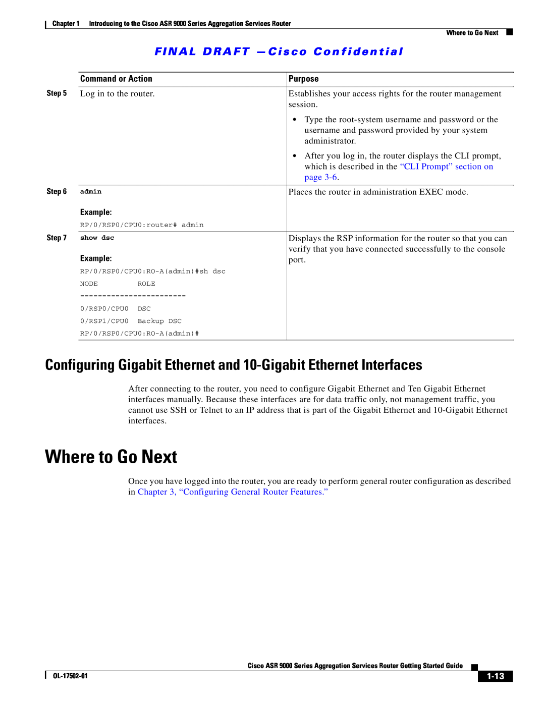 Cisco Systems ASR 9000 manual Where to Go Next, Configuring Gigabit Ethernet and 10-Gigabit Ethernet Interfaces, page, 1-13 