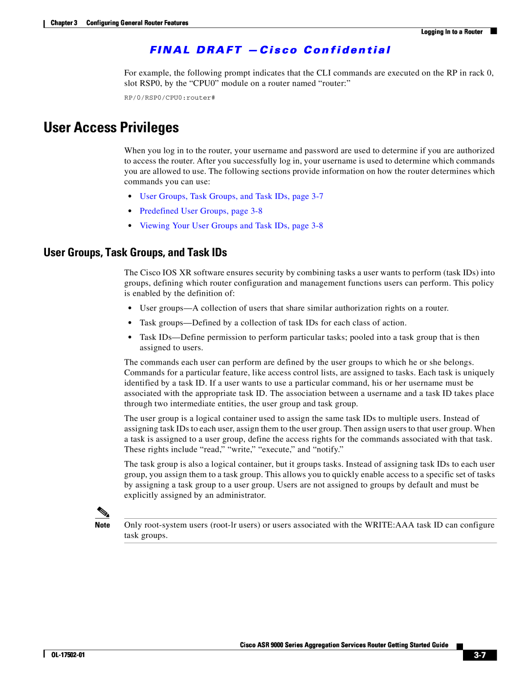 Cisco Systems A9K24X10GETR User Access Privileges, User Groups, Task Groups, and Task IDs, Predefined User Groups, page 