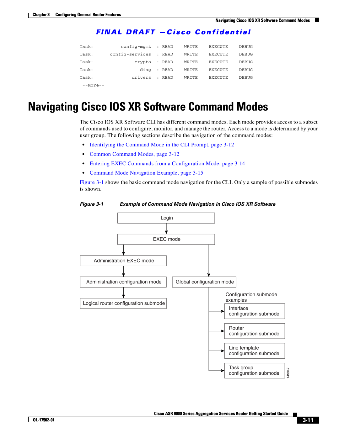 Cisco Systems A9KMOD80TR, ASR 9000 manual Navigating Cisco IOS XR Software Command Modes, Common Command Modes, page, 3-11 