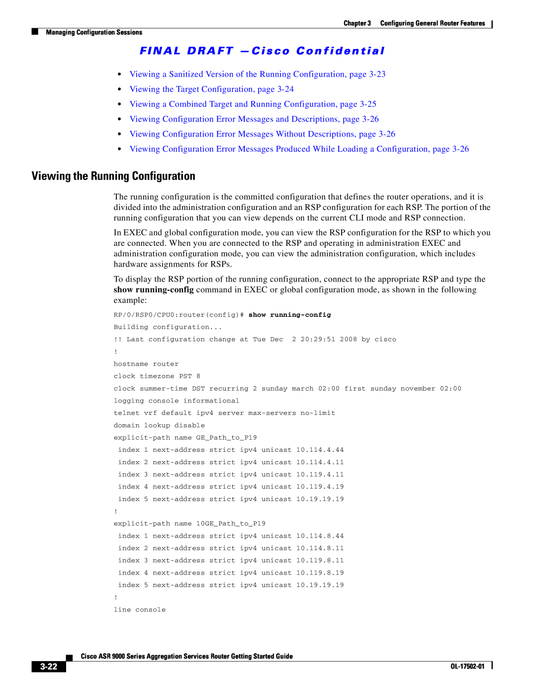 Cisco Systems A9K24X10GETR, ASR 9000 manual Viewing the Running Configuration, Viewing the Target Configuration, page, 3-22 