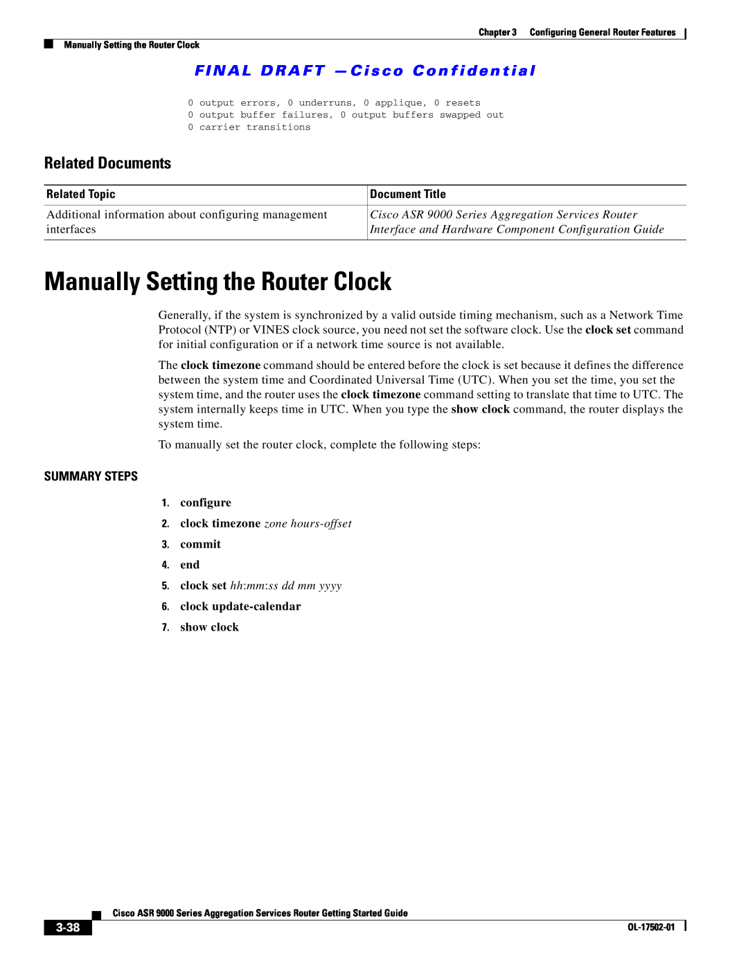 Cisco Systems A9KMOD80TR Manually Setting the Router Clock, Related Documents, clock timezone zone hours-offset, 3-38 
