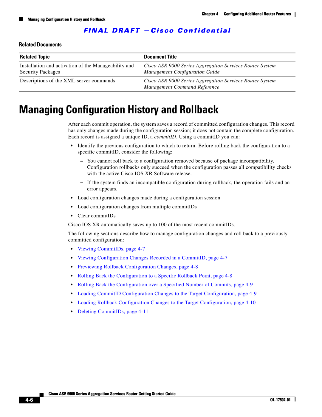 Cisco Systems A9K24X10GETR manual Managing Configuration History and Rollback, Related Documents, Viewing CommitIDs, page 