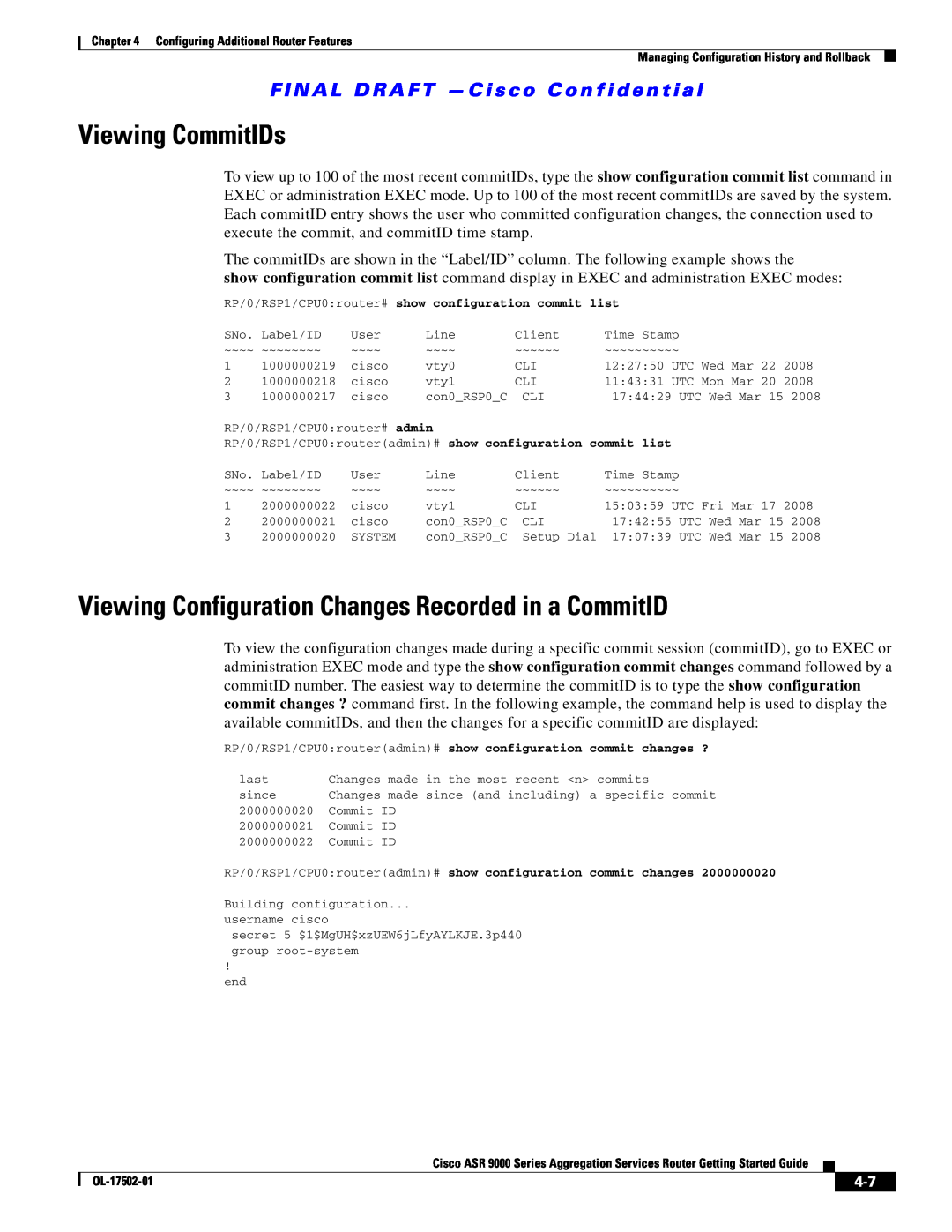 Cisco Systems A9KMOD80TR, ASR 9000, A9K24X10GETR Viewing CommitIDs, Viewing Configuration Changes Recorded in a CommitID 