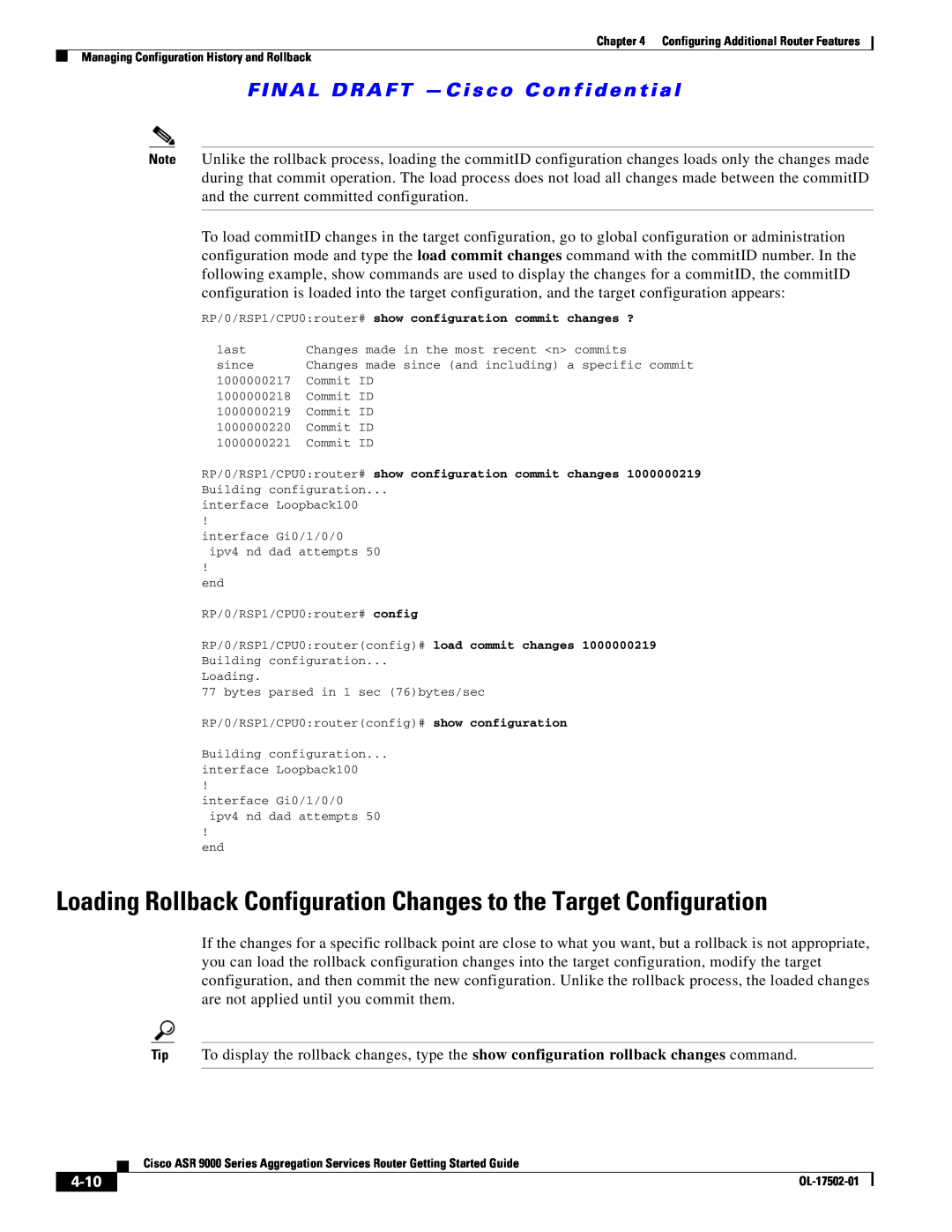 Cisco Systems A9KMOD80TR, ASR 9000, A9K24X10GETR Loading Rollback Configuration Changes to the Target Configuration, 4-10 