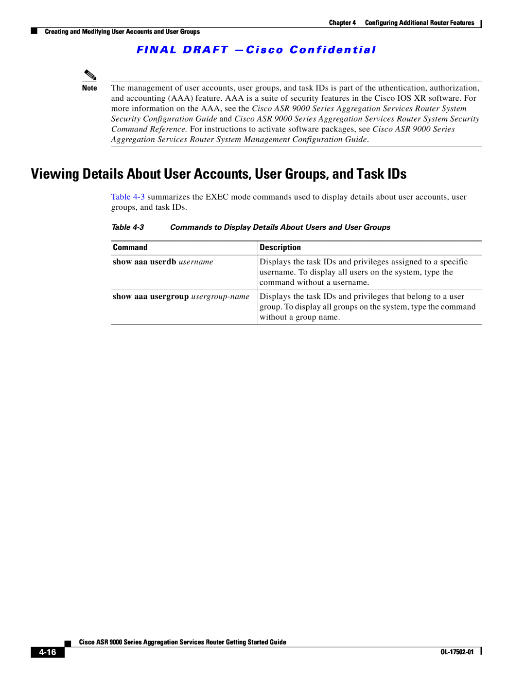 Cisco Systems A9KMOD80TR Viewing Details About User Accounts, User Groups, and Task IDs, show aaa userdb username, 4-16 