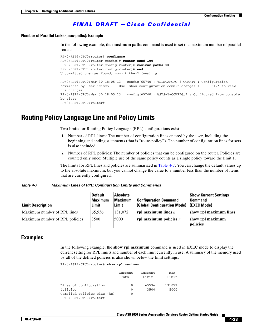 Cisco Systems ASR 9000 Routing Policy Language Line and Policy Limits, Number of Parallel Links max-paths Example, 65,536 