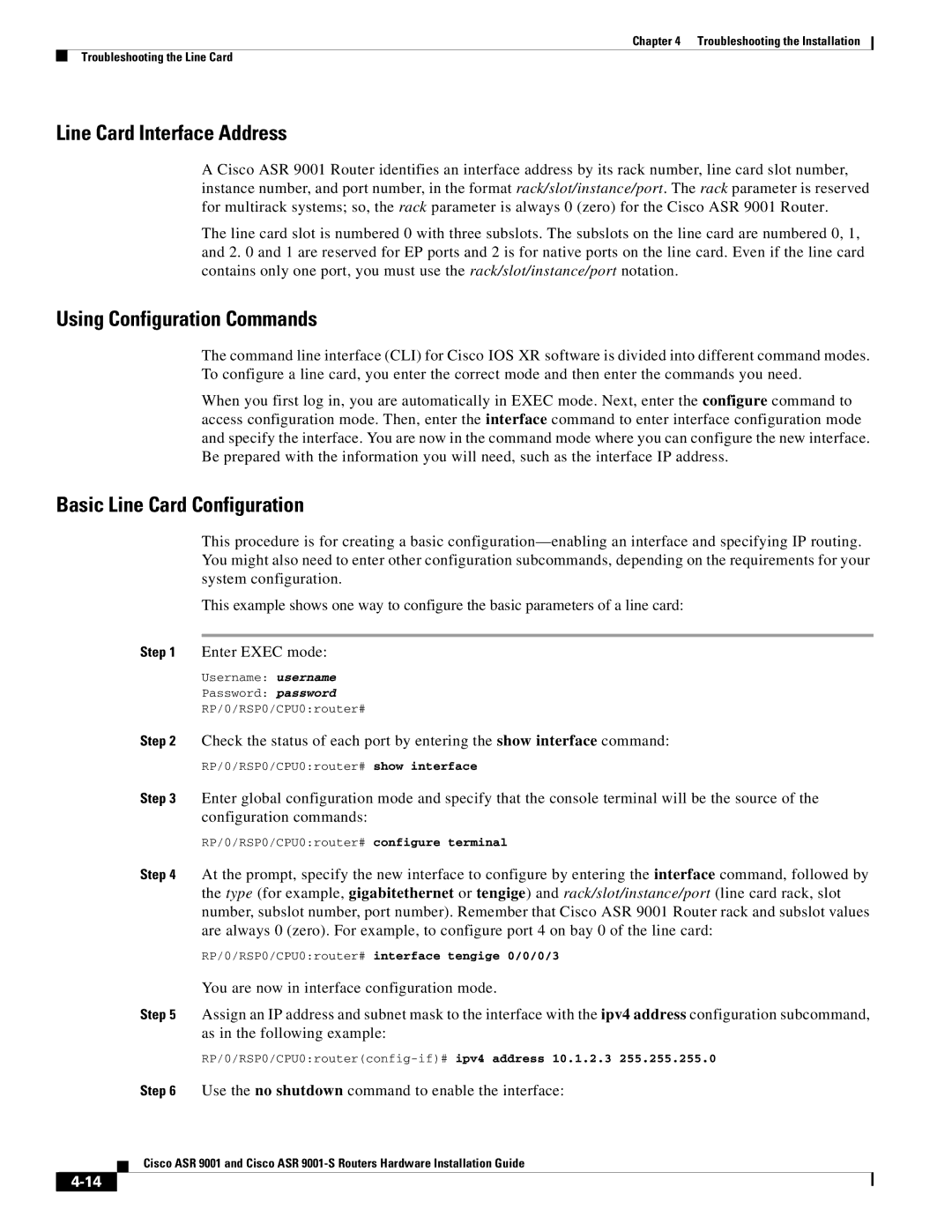 Cisco Systems ASR 9001-S manual Line Card Interface Address, Using Configuration Commands, Basic Line Card Configuration 