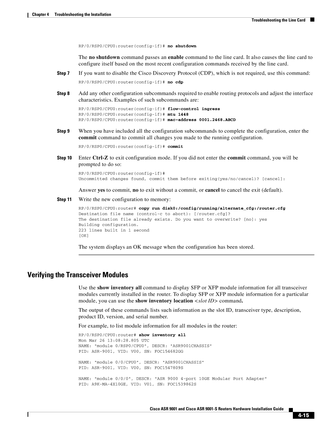 Cisco Systems ASR 9001-S manual Verifying the Transceiver Modules 