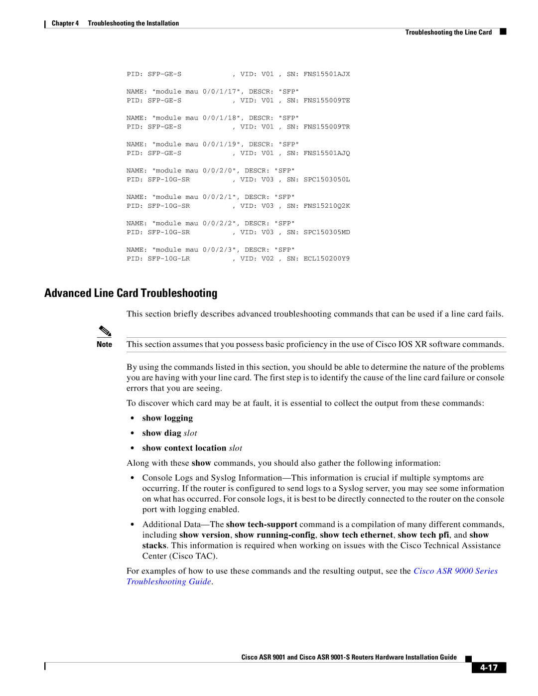 Cisco Systems ASR 9001 manual Advanced Line Card Troubleshooting, Show logging Show diag slot Show context location slot 