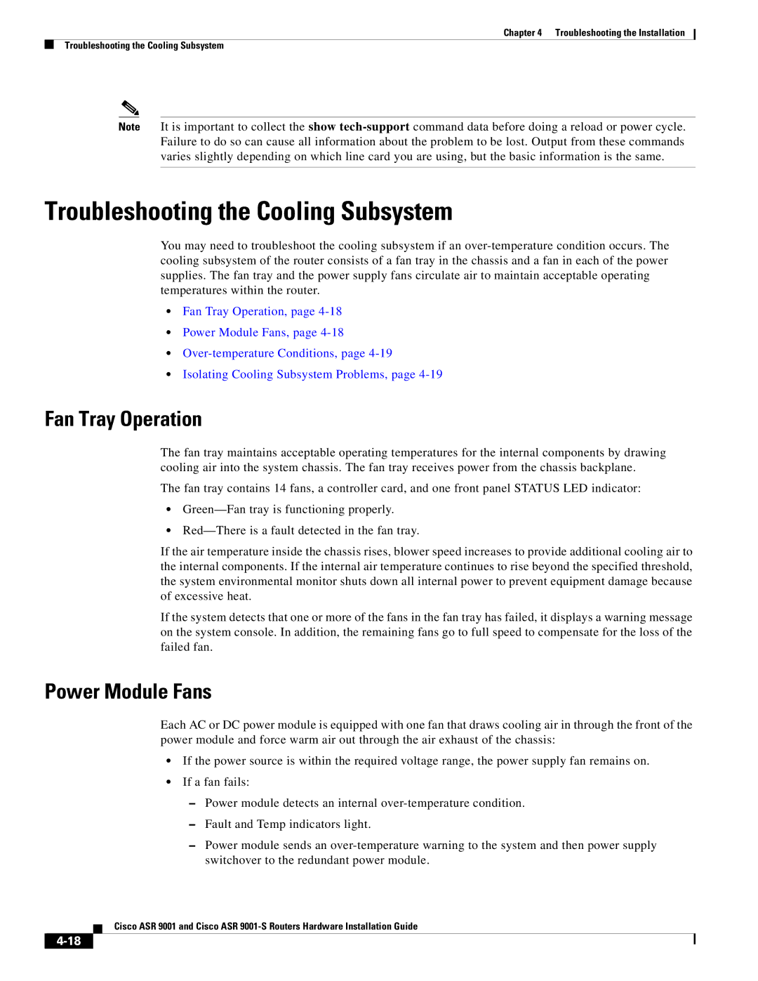 Cisco Systems ASR 9001-S manual Troubleshooting the Cooling Subsystem, Fan Tray Operation, Power Module Fans 