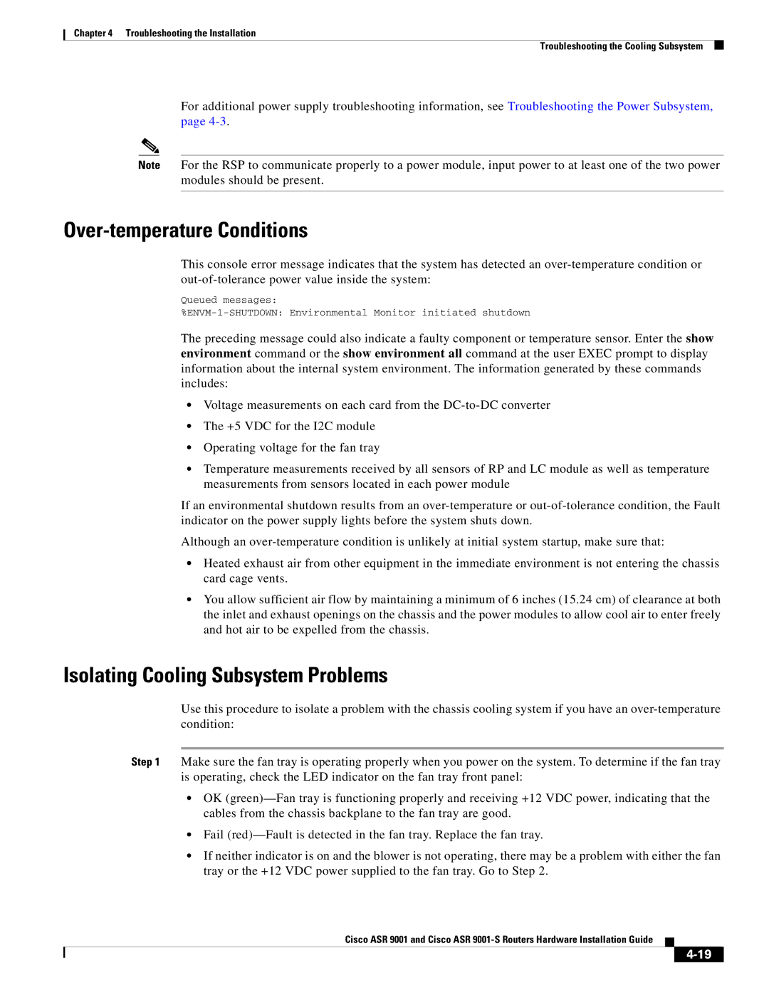 Cisco Systems ASR 9001-S manual Over-temperature Conditions, Isolating Cooling Subsystem Problems 