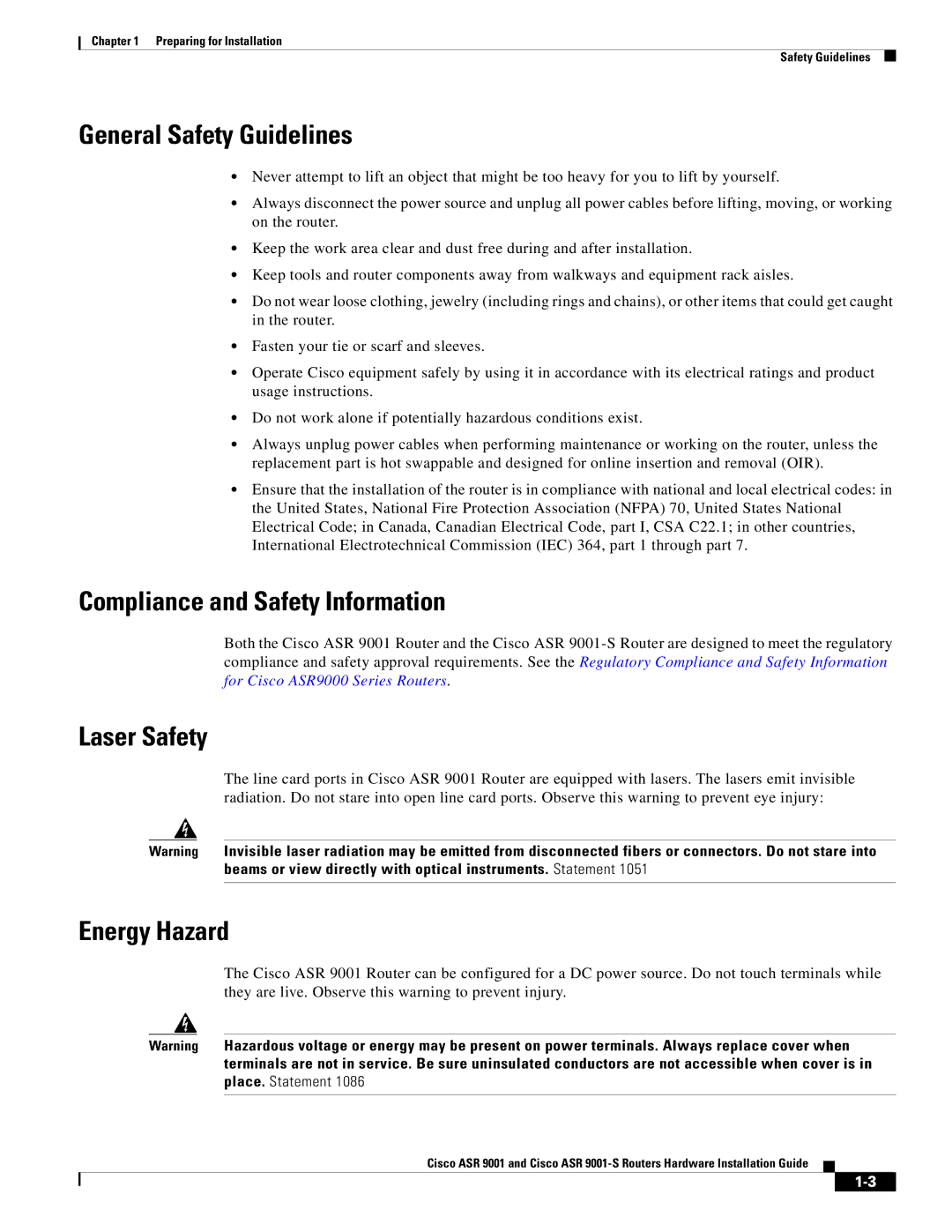 Cisco Systems ASR 9001 manual General Safety Guidelines, Compliance and Safety Information, Laser Safety, Energy Hazard 