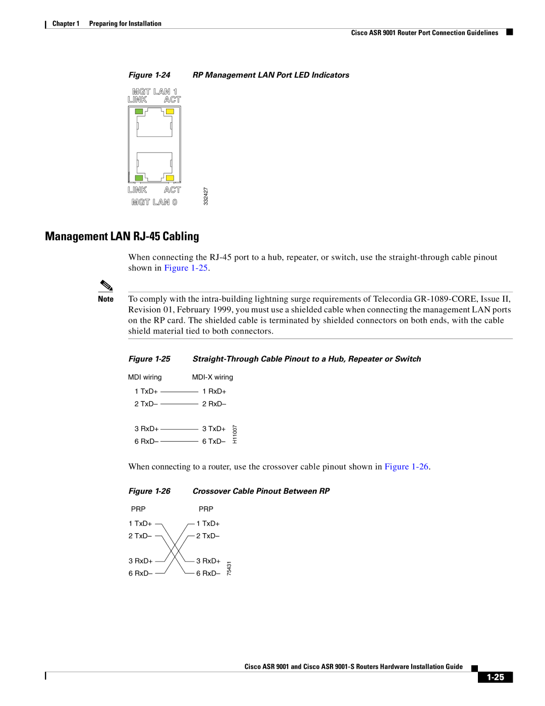 Cisco Systems ASR 9001-S manual Management LAN RJ-45 Cabling, Crossover Cable Pinout Between RP 