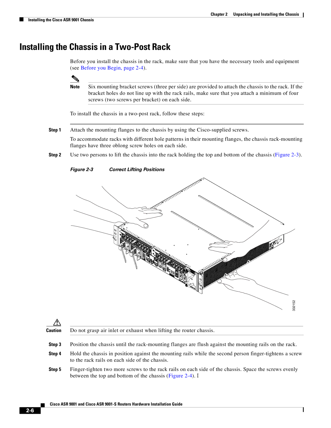 Cisco Systems ASR 9001-S manual Installing the Chassis in a Two-Post Rack, Correct Lifting Positions 