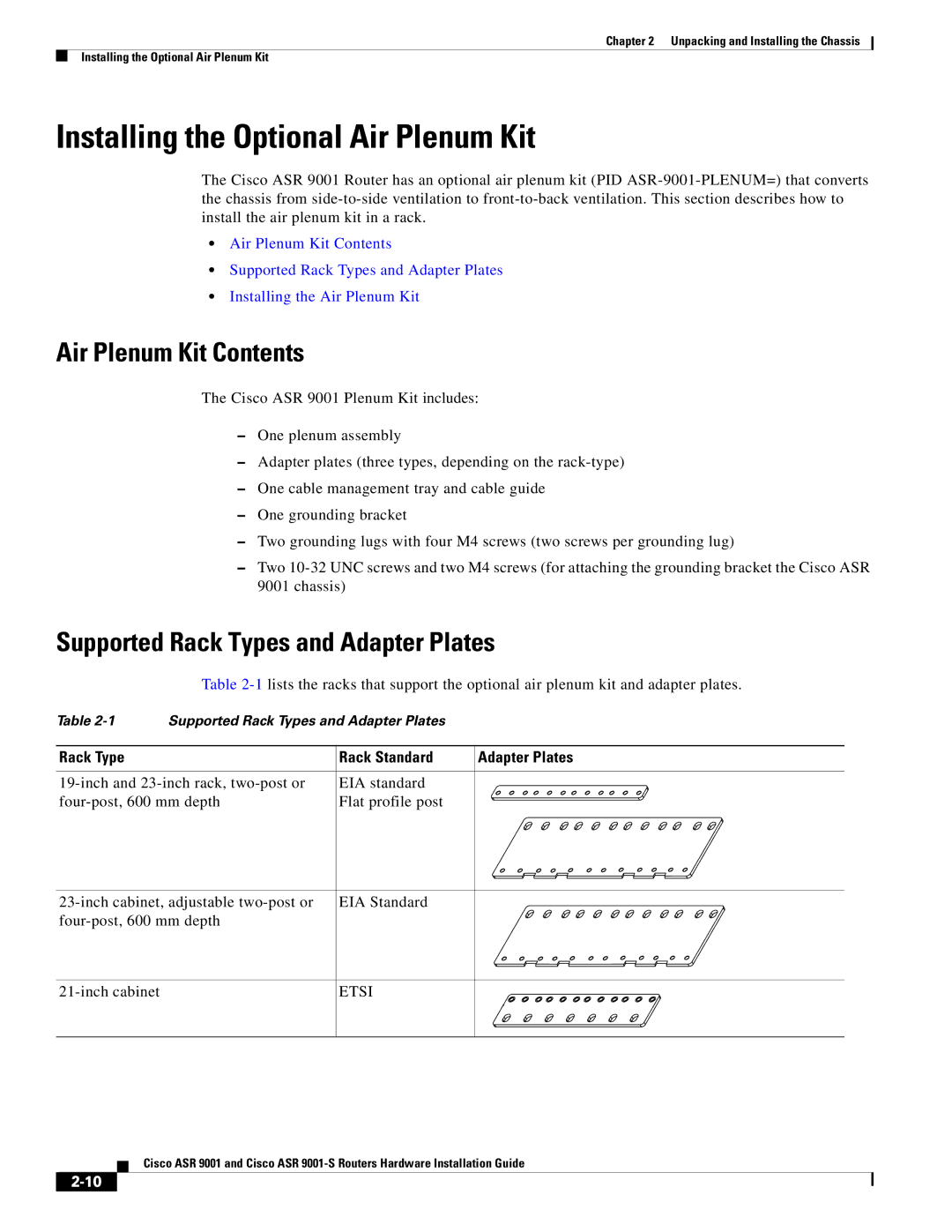 Cisco Systems ASR 9001-S manual Installing the Optional Air Plenum Kit, Air Plenum Kit Contents 